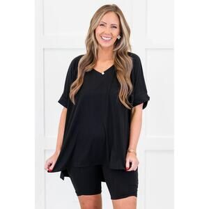 Chic Soul Bare Necessities Womens Black V Neck Rolled Sleeve Loose Baggy Top 1XL